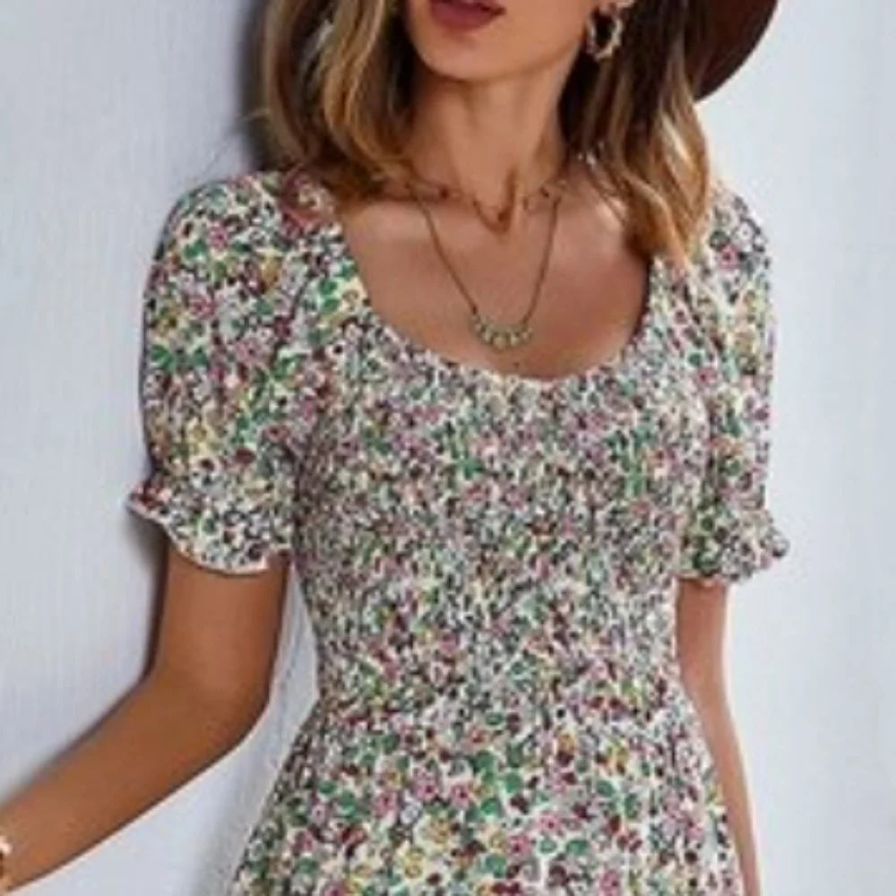 Boutique Boho Summer Floral Midi Dress Ruffle Calico Smocking Bohemian - Picture 4 of 14